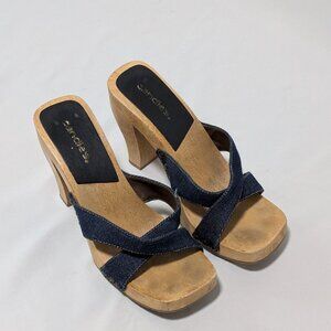 Candie's Y2K Navy Blue Tan Sandals Wood Base Block Heel Denim Strap Women's 6M